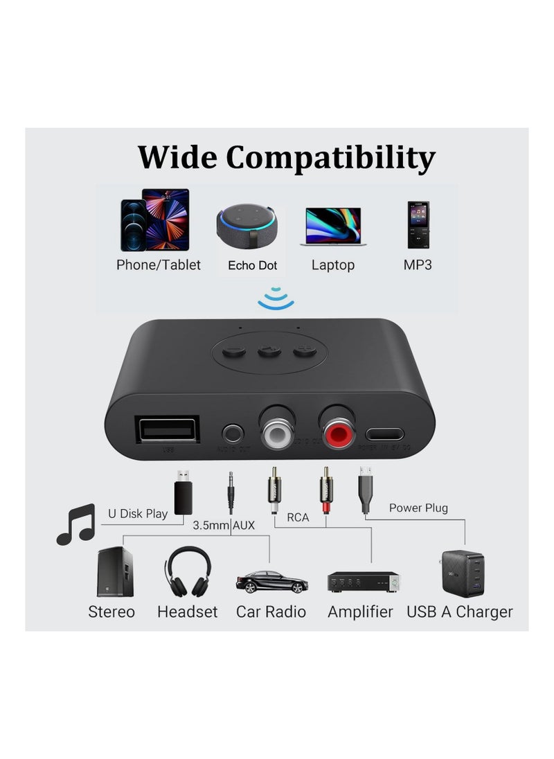 NFC Enabled Bluetooth Audio Receiver, Bluetooth 5.2 Wireless Audio Adapter for Home Stereo/Car Stereo/AV Receiver/Headphone/Speaker, Handsfree Calls, RCA AUX 3.5mm Jack Aduio Adapter