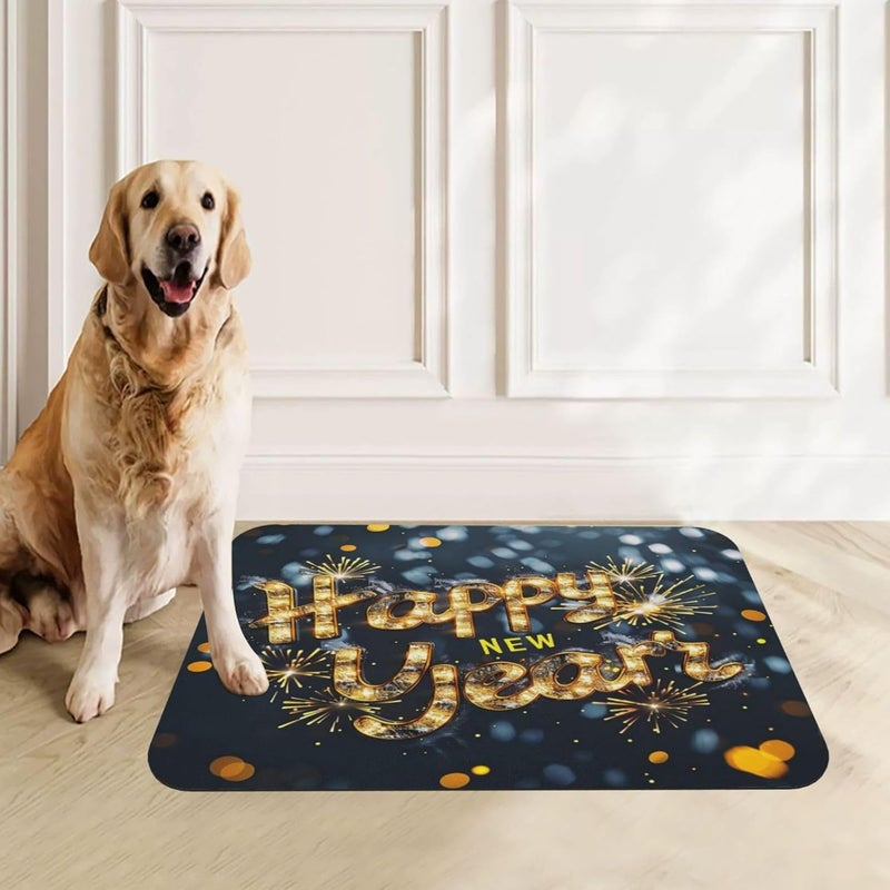 Pet Feeding Mat Absorbent Dog Mat for Food and Water Bowl Dog Accessories Happy New Year Gold String Light Text Fireworks Light Spots Pet Supplies Dogs Quick Dry Cat Water Dispenser Mats 18X12In - Image 1
