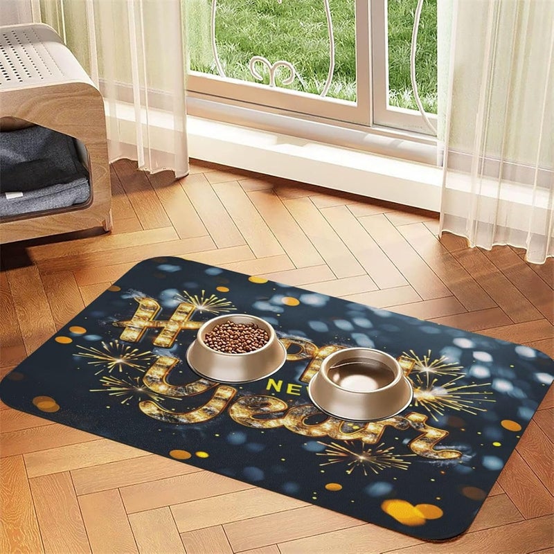 Pet Feeding Mat Absorbent Dog Mat for Food and Water Bowl Dog Accessories Happy New Year Gold String Light Text Fireworks Light Spots Pet Supplies Dogs Quick Dry Cat Water Dispenser Mats 18X12In - Image 3