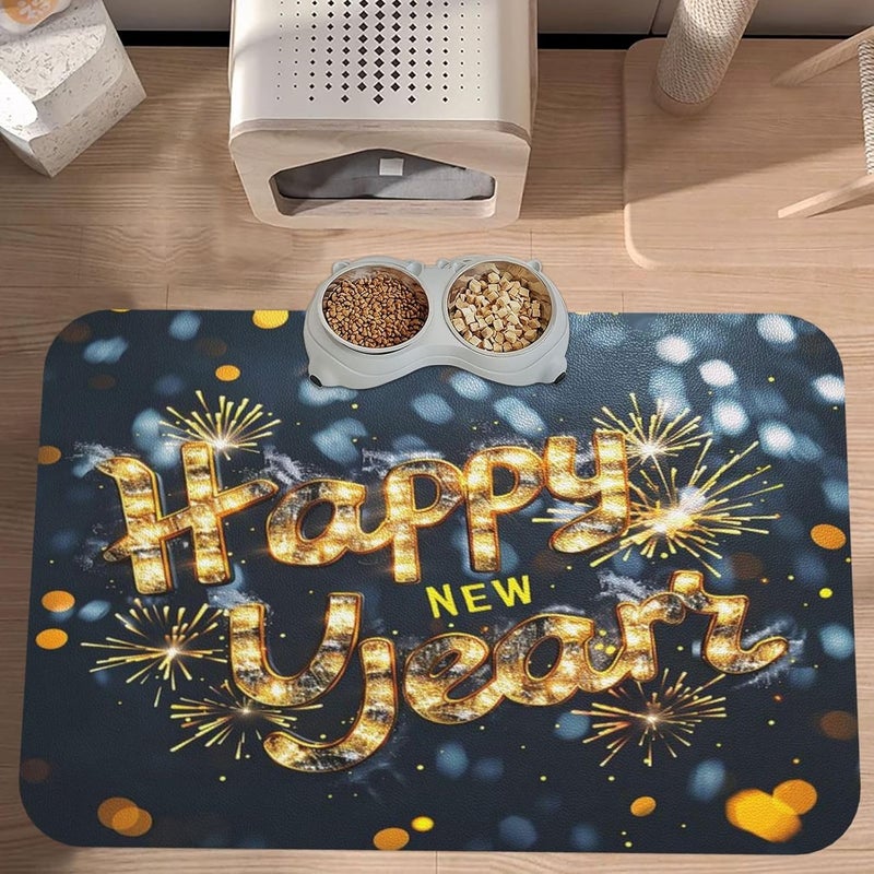Pet Feeding Mat Absorbent Dog Mat for Food and Water Bowl Dog Accessories Happy New Year Gold String Light Text Fireworks Light Spots Pet Supplies Dogs Quick Dry Cat Water Dispenser Mats 18X12In - Image 2