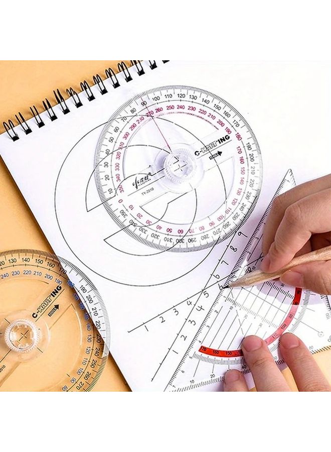 5 قطع من المنقلات الملونة 360 درجة، أدوات رياضية من البلاستيك الشفاف مع مسطرة وبوصلة - Image 2