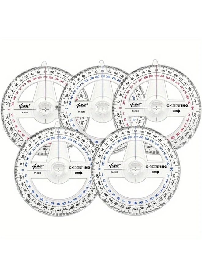 5 قطع من المنقلات الملونة 360 درجة، أدوات رياضية من البلاستيك الشفاف مع مسطرة وبوصلة - Image 1