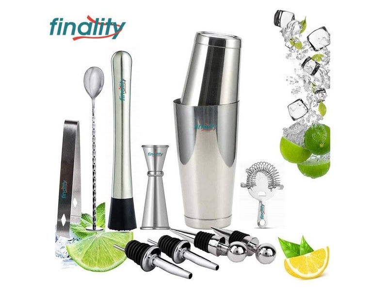 finality Stainless Steel Bar Tools Kit with Bar Accessories Wine Stopper Muddler Boston Shaker Strainer Japanese Jigger Bar Spoon Ice Tong Metal Pour Spouts 11 Pcs Gift Set - Image 2