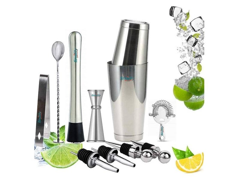 finality Stainless Steel Bar Tools Kit with Bar Accessories Wine Stopper Muddler Boston Shaker Strainer Japanese Jigger Bar Spoon Ice Tong Metal Pour Spouts 11 Pcs Gift Set - Image 1