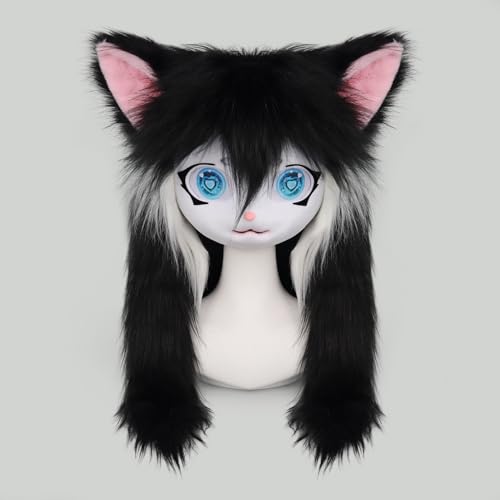 SMILETERNITY SMILETERNIT Animal Head Cat Fursuit Cut Mask Halloween Masquerade Cosplay Costume Props Blackwhite - Image 2