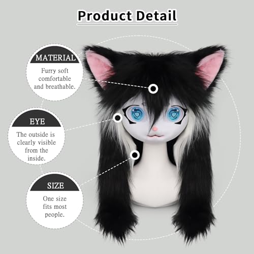 SMILETERNITY SMILETERNIT Animal Head Cat Fursuit Cut Mask Halloween Masquerade Cosplay Costume Props Blackwhite - Image 3