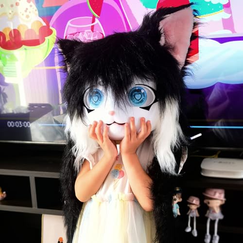 SMILETERNITY SMILETERNIT Animal Head Cat Fursuit Cut Mask Halloween Masquerade Cosplay Costume Props Blackwhite - Image 5