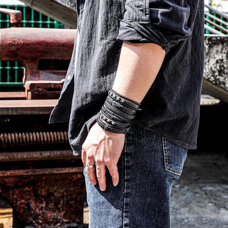 Mafnee Store Manfnee 6-12PCS Braided Faux Leather Bracelet Punk Cuff Wrap Bracelets for Men Women Adjustable - Image 5