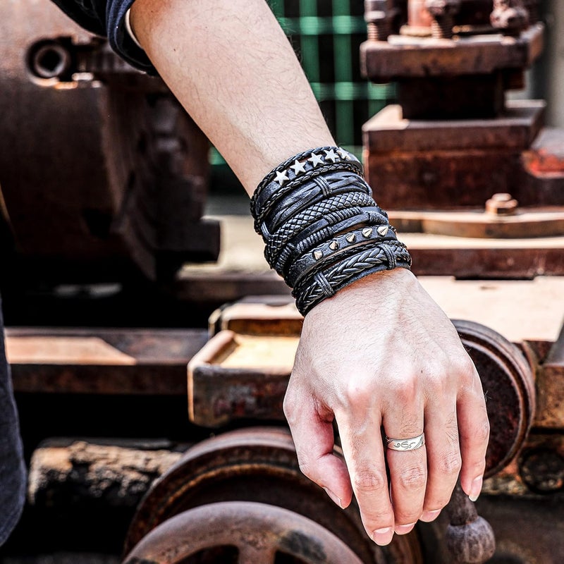 Mafnee Store Manfnee 6-12PCS Braided Faux Leather Bracelet Punk Cuff Wrap Bracelets for Men Women Adjustable - Image 4