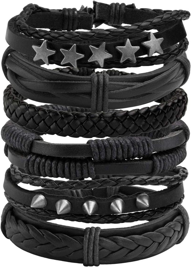 Mafnee Store Manfnee 6-12PCS Braided Faux Leather Bracelet Punk Cuff Wrap Bracelets for Men Women Adjustable - Image 1