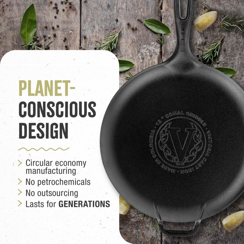 Victoria 12-Inch Cast Iron Comal Pizza Pan with a Long Handle and a Loop Handle, Preseasoned with Flaxseed Oil, Made in Colombia - Image 5