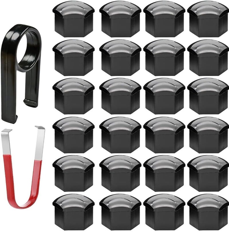 Gebildet Universal 17 mm Plastic Groove Cover Cap Screw Car Nut Covers Bolt Hub Caps with 1 Puller Hook (Black) Pack of 20 - Image 1