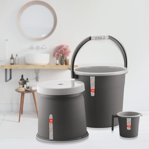 Liza Newton Bathroom Accessories Set Plastic Bath Set Bathroom Bucket, Mug, Stool 3 Pieces Combo Set for Home, Kitchen & Bathroom (Pack of 3) Bathroom Accessories Set (Black) - Image 1