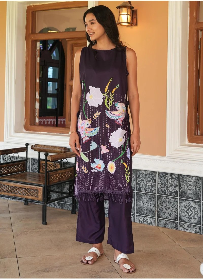 QISSA Women's Grape Purple Edena Mural Kurta Set
