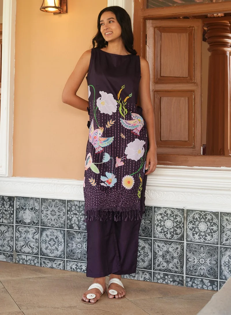 QISSA Women's Grape Purple Edena Mural Kurta Set For Casual Wear | Boat Neck | Sleeveless | 2 Piece Kurta Set Designed With Comfort Fit For Everyday Ethnic Wear