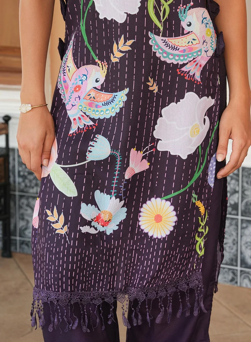 QISSA Women's Grape Purple Edena Mural Kurta Set For Casual Wear | Boat Neck | Sleeveless | 2 Piece Kurta Set Designed With Comfort Fit For Everyday Ethnic Wear