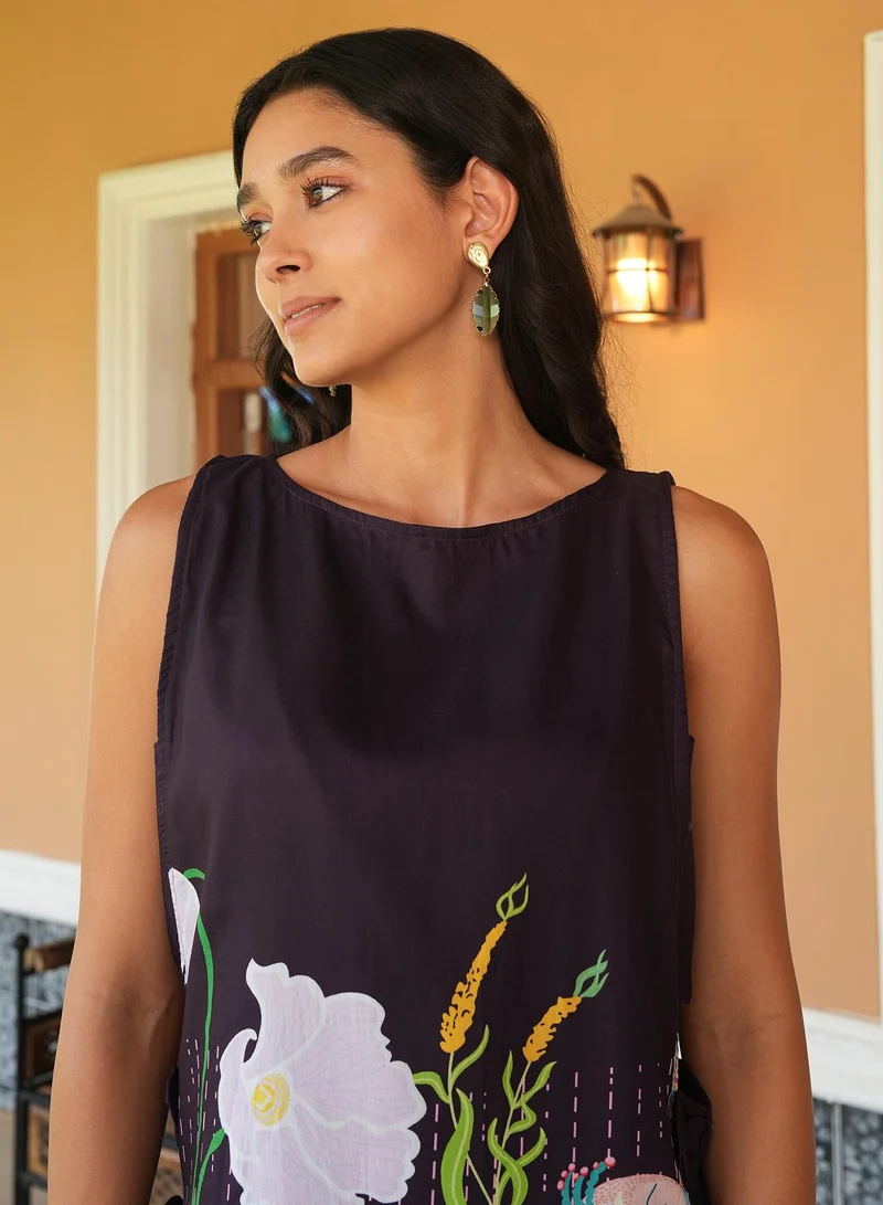 QISSA Women's Grape Purple Edena Mural Kurta Set For Casual Wear | Boat Neck | Sleeveless | 2 Piece Kurta Set Designed With Comfort Fit For Everyday Ethnic Wear