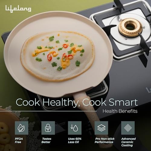 Lifelong Forged Roti Tawa with Wooden Finish Handle for Dosa, Chapati | Ceramic Coated | 28cm | Pre-Seasoned, Non-Stick & Teflon Free | Scratch Resistant and Durable | Gas & Induction Stove-Friendly - Image 2
