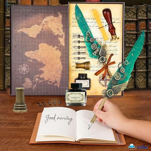 FunBlast Quill Pen and Ink Set - 10 Pcs Antique Calligraphy Feather Pen Set, Writing Feather Pen Ink Set, Vintage Calligraphy Set for Signature & Art (Sea Green) - Image 2