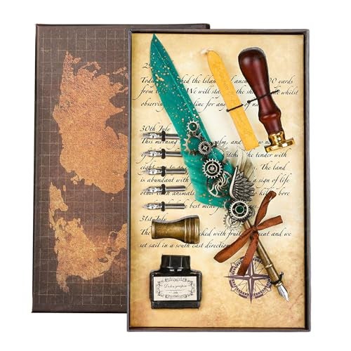 FunBlast Quill Pen and Ink Set - 10 Pcs Antique Calligraphy Feather Pen Set, Writing Feather Pen Ink Set, Vintage Calligraphy Set for Signature & Art (Sea Green) - Image 1
