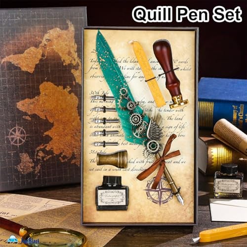 FunBlast Quill Pen and Ink Set - 10 Pcs Antique Calligraphy Feather Pen Set, Writing Feather Pen Ink Set, Vintage Calligraphy Set for Signature & Art (Sea Green) - Image 5