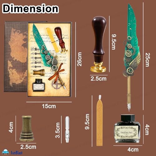 FunBlast Quill Pen and Ink Set - 10 Pcs Antique Calligraphy Feather Pen Set, Writing Feather Pen Ink Set, Vintage Calligraphy Set for Signature & Art (Sea Green) - Image 3