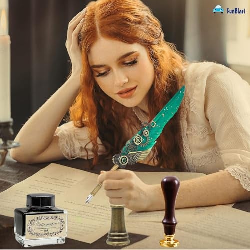 FunBlast Quill Pen and Ink Set - 10 Pcs Antique Calligraphy Feather Pen Set, Writing Feather Pen Ink Set, Vintage Calligraphy Set for Signature & Art (Sea Green) - Image 4
