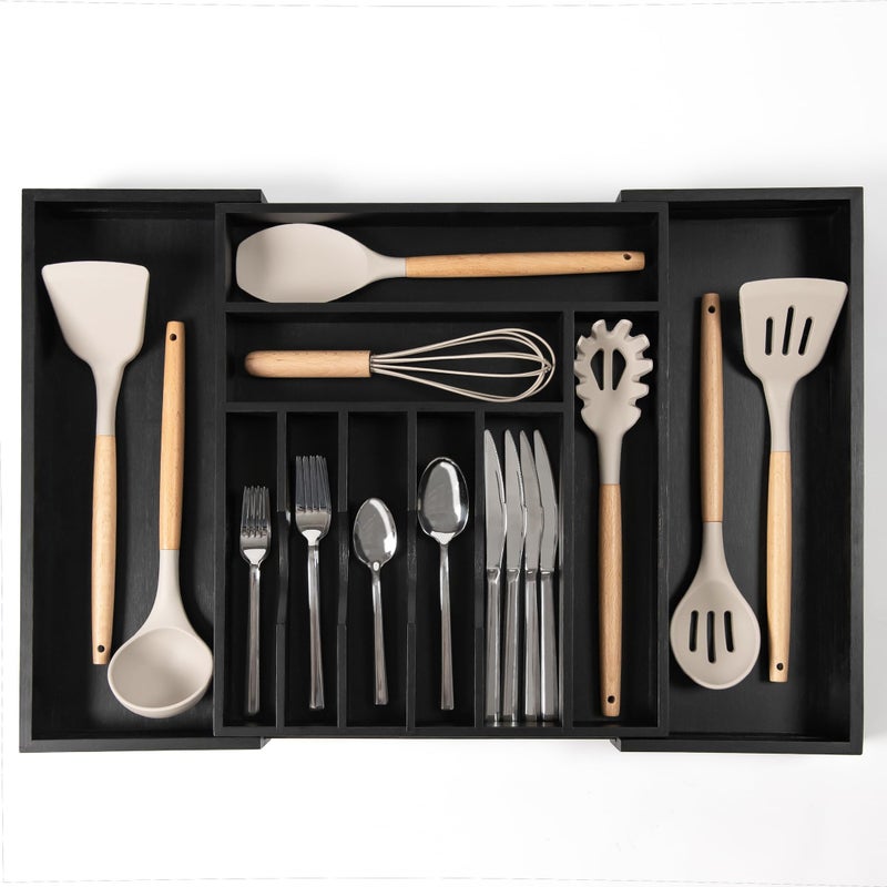 KitchenEdge Premium Silverware Flatware and Utensil Organizer for Kitchen Drawers FoodSafe Contract Grade Expandable from 145 to 25 In Black Bamboo