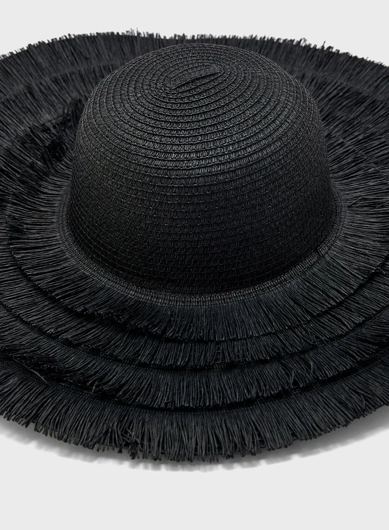 ELLA Wide Brim Frayed Edge Straw Hat