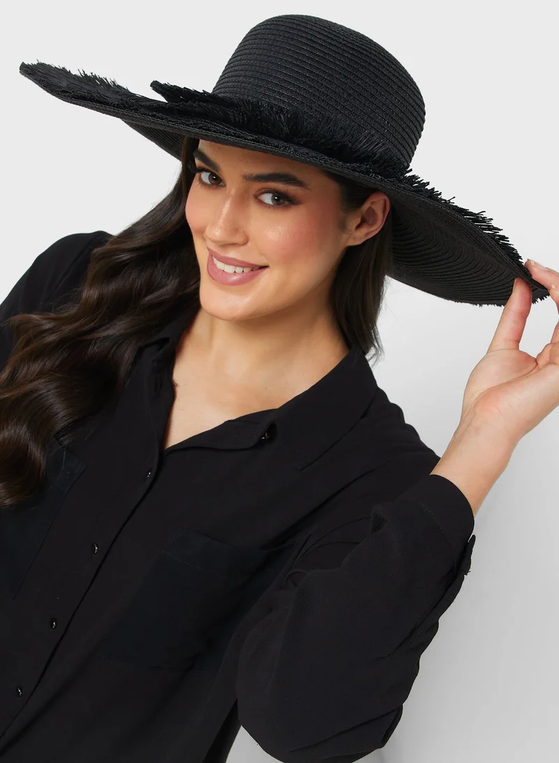 ELLA Wide Brim Frayed Edge Straw Hat