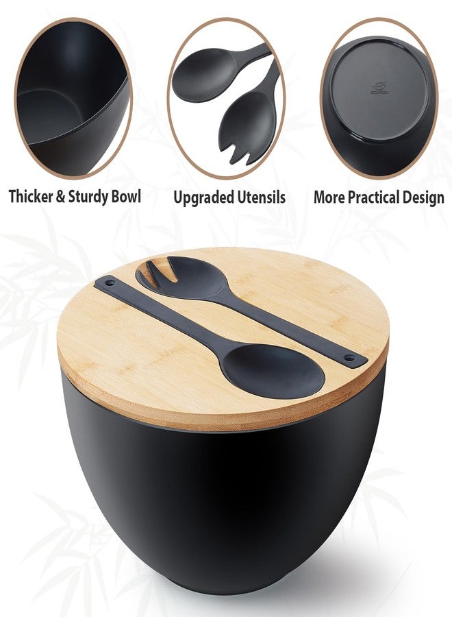 ECOHAGOU 11.3" Extra Large Salad Bowl with Wooden Lid & Servers, 208Oz, Oversized Bamboo Fiber Salad Serving Set with Utensils for Home/Kitchen, Big Lightweight Bowl for Mixing Salad,Fruit,Pasta - Matte Black - Image 2