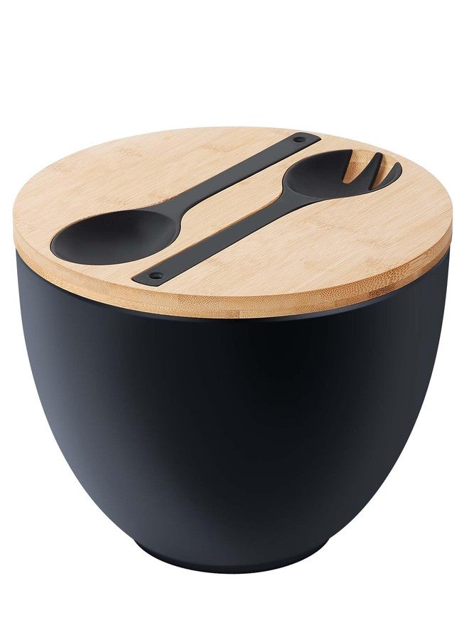 ECOHAGOU 11.3" Extra Large Salad Bowl with Wooden Lid & Servers, 208Oz, Oversized Bamboo Fiber Salad Serving Set with Utensils for Home/Kitchen, Big Lightweight Bowl for Mixing Salad,Fruit,Pasta - Matte Black - Image 1