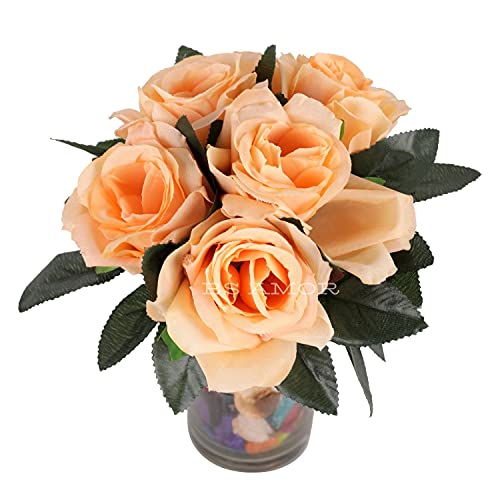 BS AMOR Fancy Vintage Artificial Rose Silk Flowers Bouquet +Glass Vase Potpurri Home Wedding Decoration 'Living Room' Dining Table Decor Vase Filler Peony Bunch Vibrant Colors(Multicolor) (Peach) - Image 5