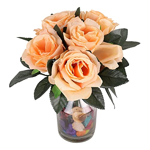 BS AMOR Fancy Vintage Artificial Rose Silk Flowers Bouquet +Glass Vase Potpurri Home Wedding Decoration 'Living Room' Dining Table Decor Vase Filler Peony Bunch Vibrant Colors(Multicolor) (Peach) - Image 2