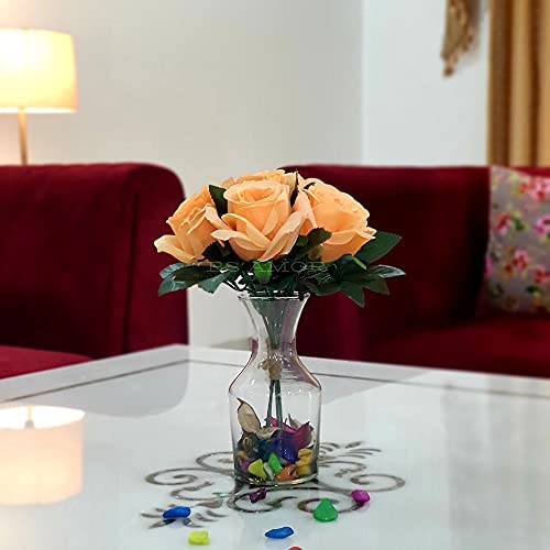 BS AMOR Fancy Vintage Artificial Rose Silk Flowers Bouquet +Glass Vase Potpurri Home Wedding Decoration 'Living Room' Dining Table Decor Vase Filler Peony Bunch Vibrant Colors(Multicolor) (Peach) - Image 1