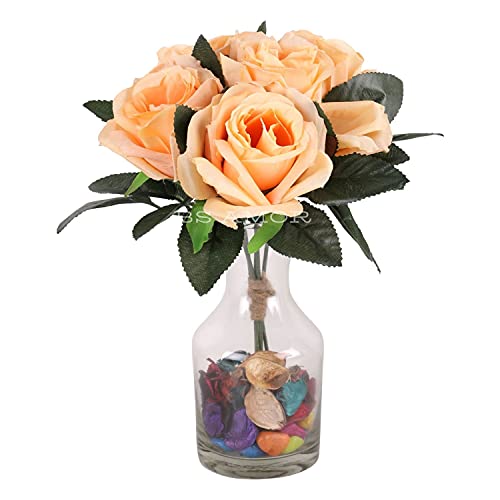 BS AMOR Fancy Vintage Artificial Rose Silk Flowers Bouquet +Glass Vase Potpurri Home Wedding Decoration 'Living Room' Dining Table Decor Vase Filler Peony Bunch Vibrant Colors(Multicolor) (Peach) - Image 4