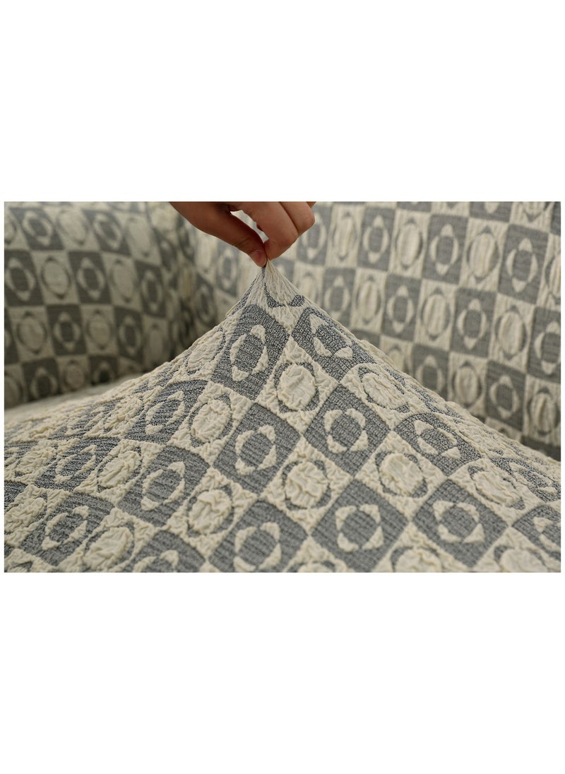 Fabienne Jacquard Fabric Stretchable Three Seater Sofa Cover Cream  - Image 3