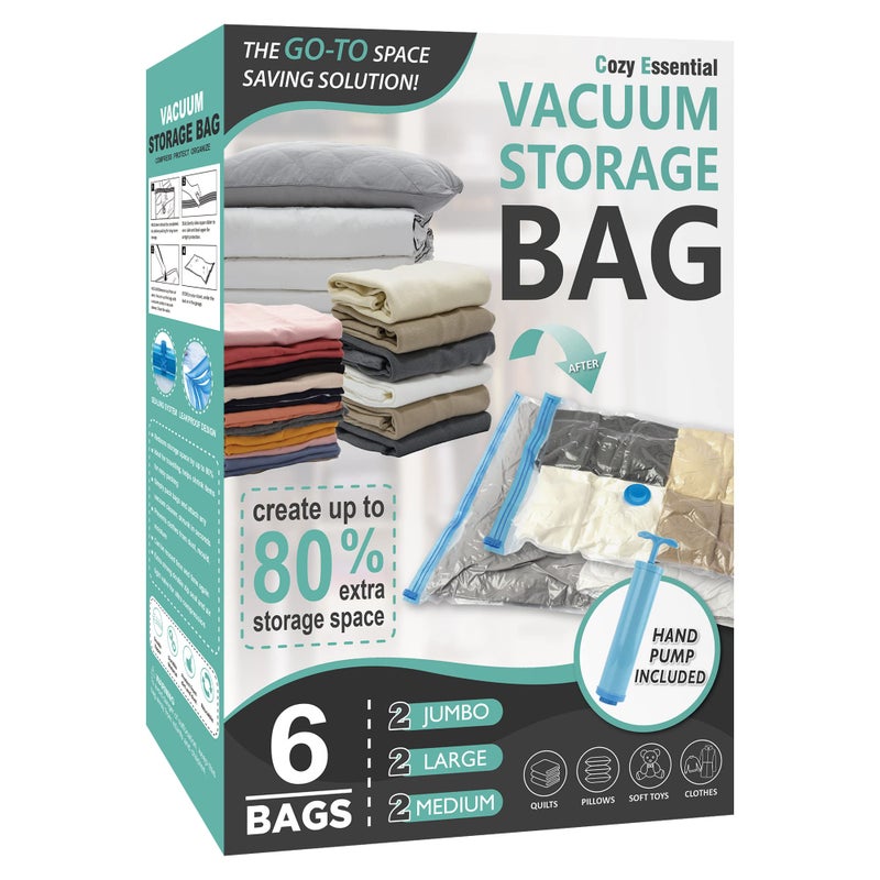 6 Pack Vacuum Storage Bags Space Saver Bags 2 Jumbo2 Large2 Medium Compression Storage Bags for Comforters and Blankets Vacuum Sealer Bags for Clothes Storage Hand Pump Included
