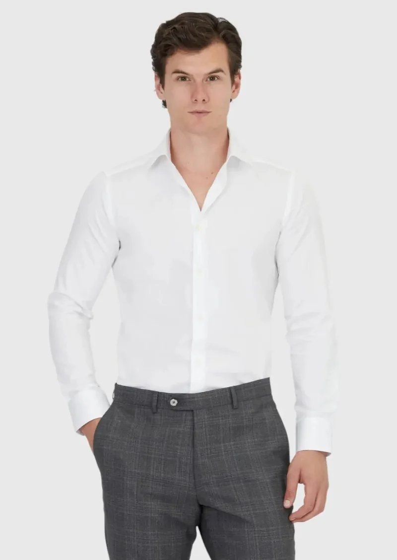 RAMSEY White Plain Slim Fit Weaving Classical 100% Cotton Shirt