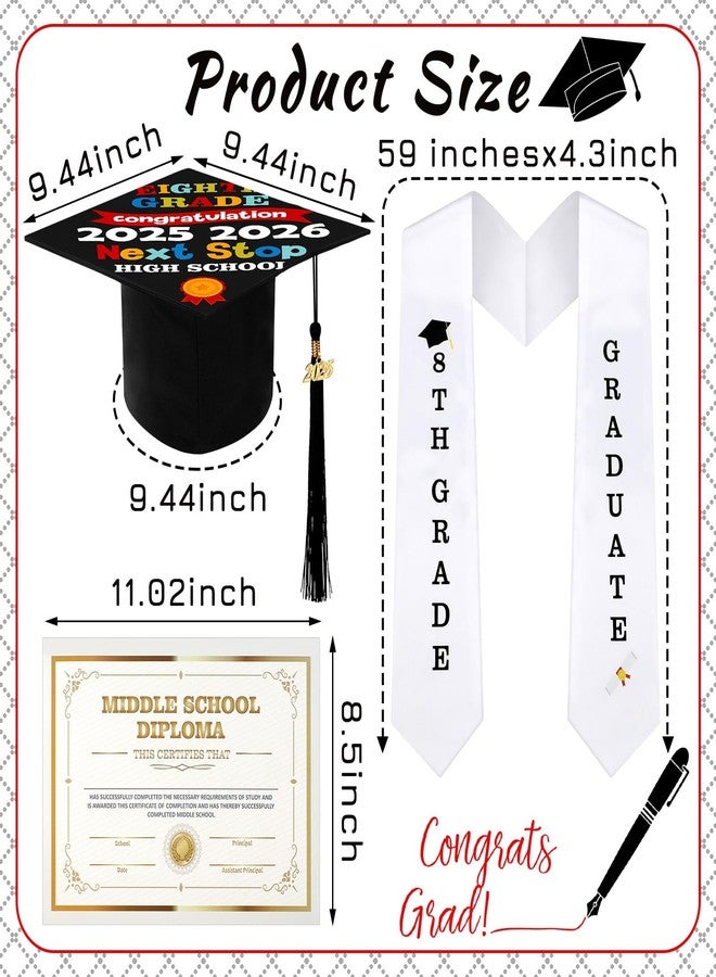 JaGely 3 Pcs 8th Grade Graduation Set Class of 2026 Graduation Cap and Stole Sash with Diploma Certificates Set for Middle School Students Supplies Teachers Parents Gifts - Image 2