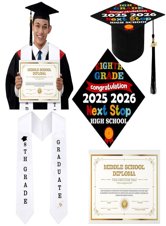 JaGely 3 Pcs 8th Grade Graduation Set Class of 2026 Graduation Cap and Stole Sash with Diploma Certificates Set for Middle School Students Supplies Teachers Parents Gifts - Image 1