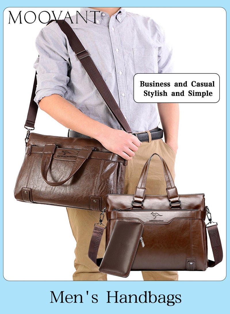 Moovant Leather Briefcases for Men, Portable Laptop Bag, Waterproof PU Material, with Long Purse Wallet, Men's Bag Set, Brown - Image 1
