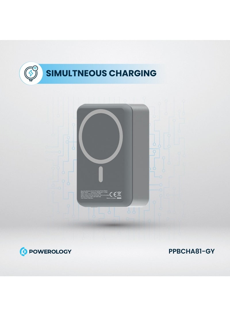 Powerology - 30000mAh MagSafe Aluminum Power Bank 20W and 15W Wireless Charging / Portable Battery / Simultaneous Charging / High Battery Capacity / Fast Charger Powerbank 30000 mAh- Dark Grey - Image 1