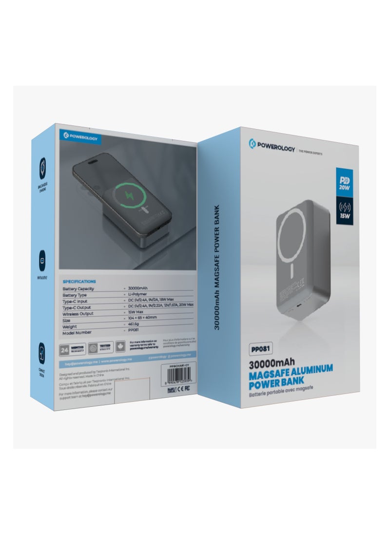 Powerology - 30000mAh MagSafe Aluminum Power Bank 20W and 15W Wireless Charging / Portable Battery / Simultaneous Charging / High Battery Capacity / Fast Charger Powerbank 30000 mAh- Dark Grey - Image 1