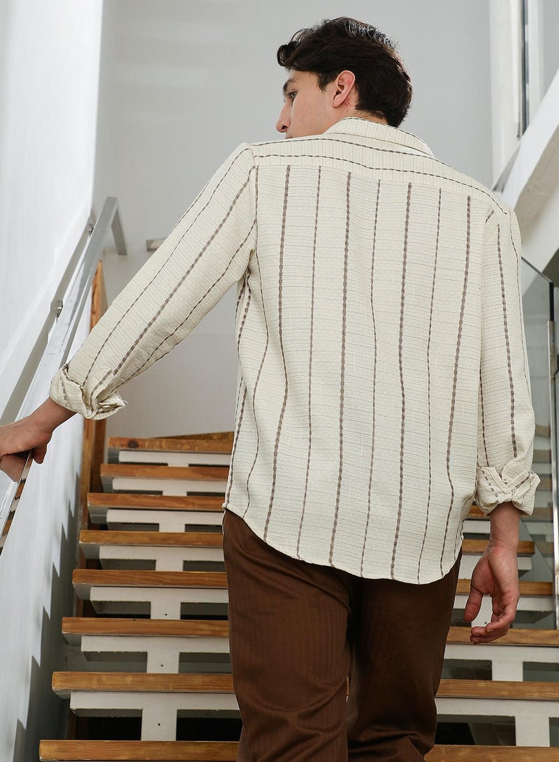 Campus Sutra Men's Textured Striped Cotton-Polyester Blend Shirt  - Image 5