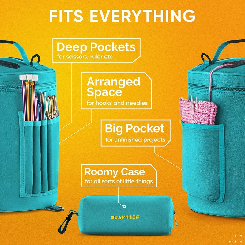 CRAFTISS Knitting Bag Yarn Storage - Christmas Gift - Durable Canvas Yarn Holder for Crochet Accessories - Organizer Crochet Bag with Knitting Accessories Case (Turquoise) - Image 4