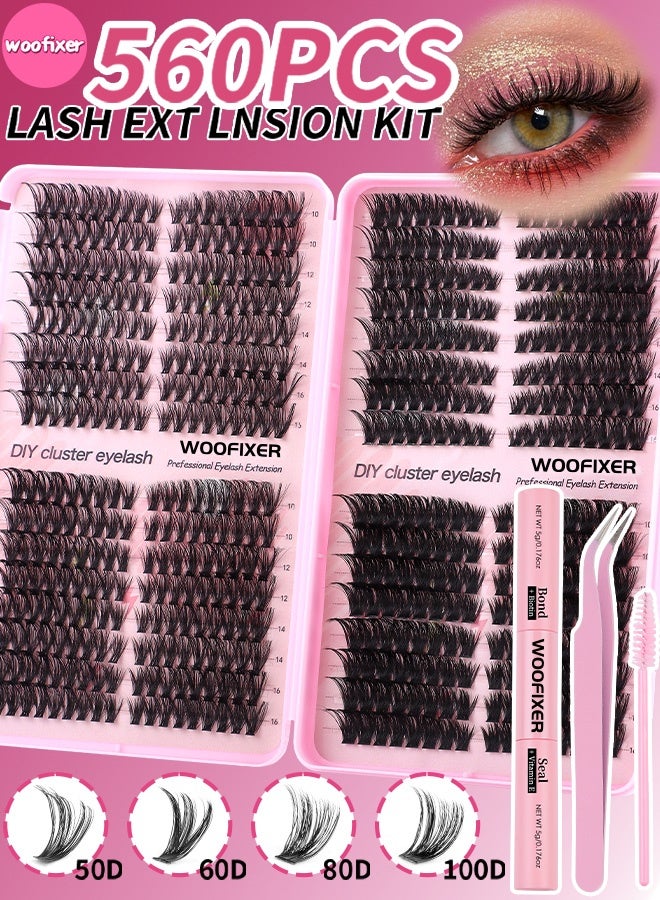 Woofixer 560 Pcs Lash Clusters, Lash Adhesive Glue & Lash Tweezer Set Eyelash Extensions Wispy False Eyelashes Lash Clusters DIY Eyelash Extensions Individual False Eyelashes for Women - Image 1