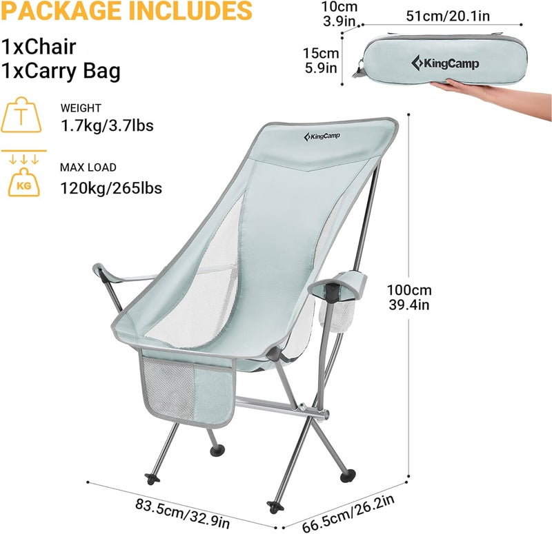 KingCamp Lightweight Padded Highback Folding Lounge Chair with Cupholder, Side Storage Pocket, and Carry Bag for Indoor or Outdoors, Grey - Image 2
