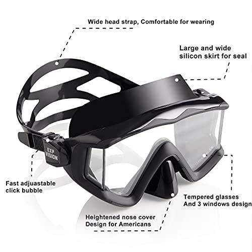EXP VISION Adult Pano 3 Window Scuba Diving Mask, Tempered Glass Snorkel Mask Anti-Fog Swim Mask No Leakage Swim Goggles with Nose Cover Snorkeling Gear for Snorkeling, Freediving, Swimming (Matte Black) - Image 3