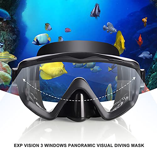 EXP VISION Adult Pano 3 Window Scuba Diving Mask, Tempered Glass Snorkel Mask Anti-Fog Swim Mask No Leakage Swim Goggles with Nose Cover Snorkeling Gear for Snorkeling, Freediving, Swimming (Matte Black) - Image 2